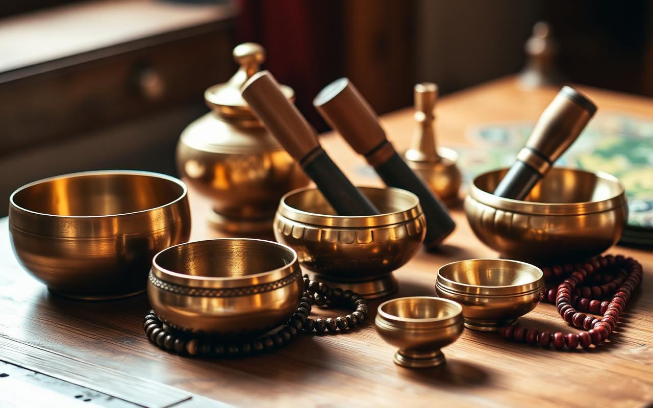 Hand-hammered Nepalese singing bowls and prayer beads